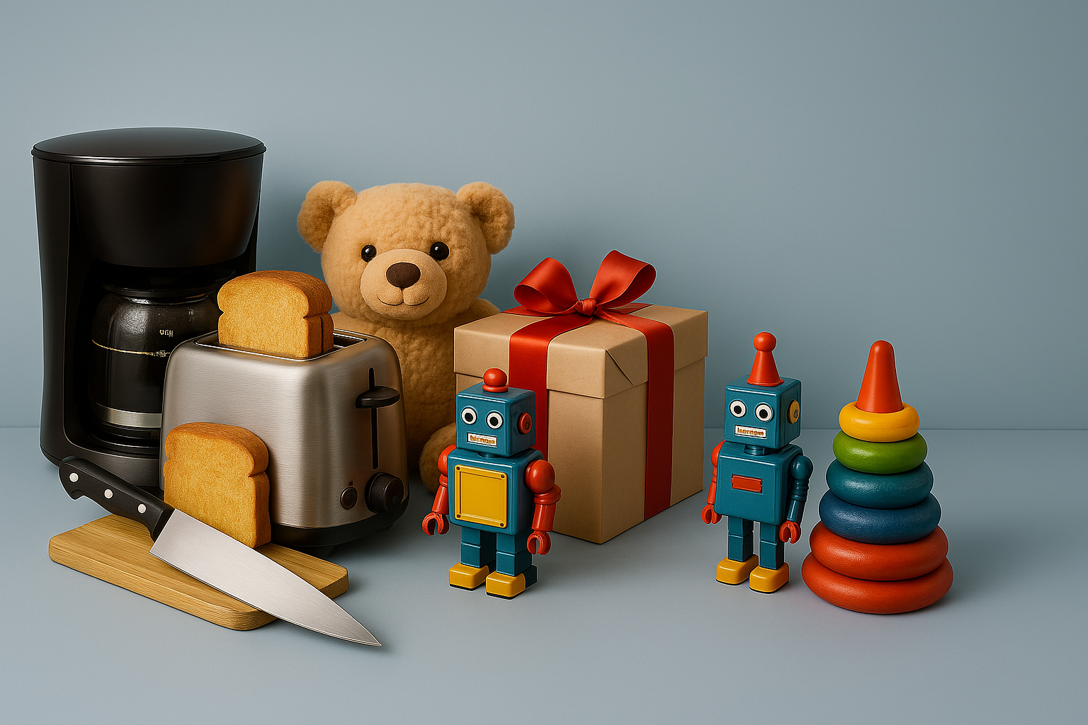 PRIME DEALS HUB promo image featuring a coffee maker, toaster with bread, cutting board with knife, plush teddy bear, gift box, toy robots, and colorful stacking rings on a light backdrop.